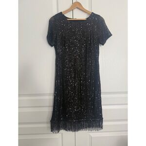 Shelby Nites Size 8 Black Sequin Fringe Cocktail Dress Flapper Party Gatsby
